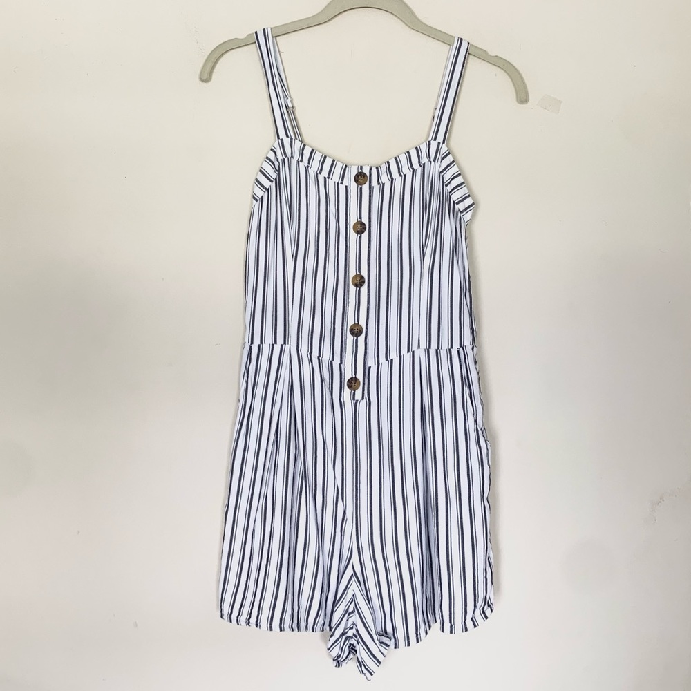 Hollister | Button Front White and Blue Striped Romper Playsuit with Pockets